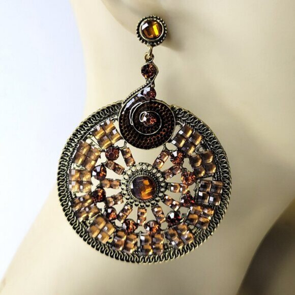 Amber Brown Rhinestone Circular Statement Earrings - Picture 2 of 7
